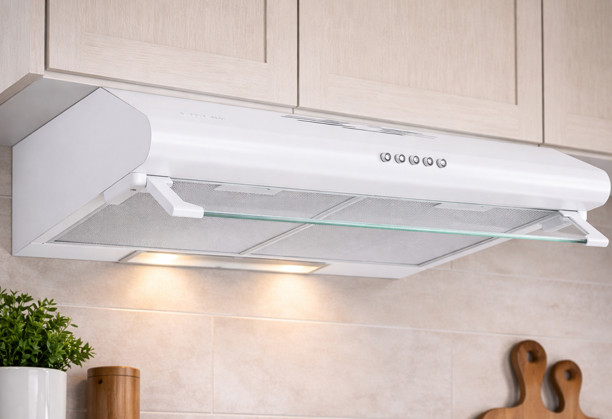 Απεικονίζεται ο απορροφητήρας εγκατεστημένος σε κουζίνα.